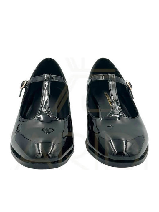 Leder Pumps mit Riemchen & flacher Absatz Schwarz