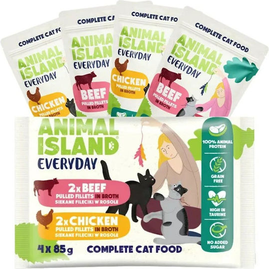 Animal Island Υγρή Τροφή για Ενήλικες Γάτες σε Φακελάκι με Κοτόπουλο χωρίς Γλουτένη 4x85gr