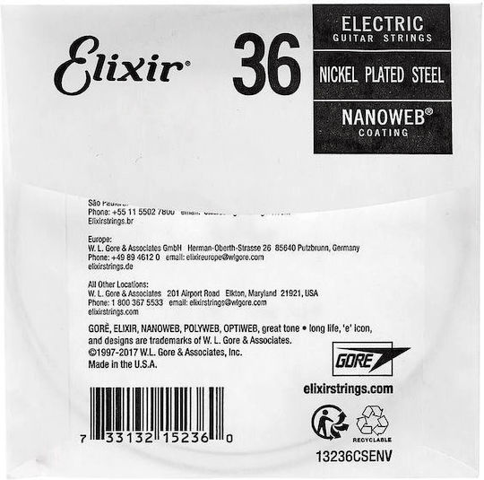 Elixir Single Nickel Plated Steel String for Electric Guitar Nanoweb .036"