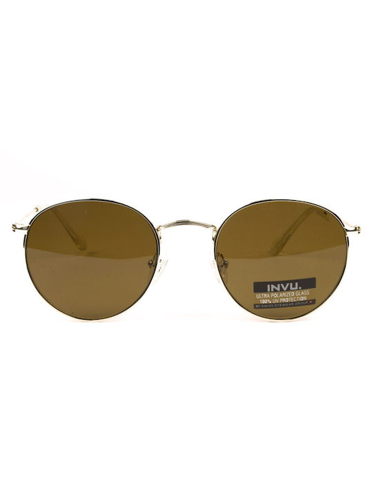 Invu Unisex Sonnenbrille mit Gold Metall Gestell und Braun Linse P1203C