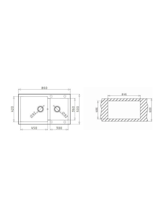 Pyramis Drop-In Chiuvetă Stânga din Granit Sintetic L86xW50cm Negru