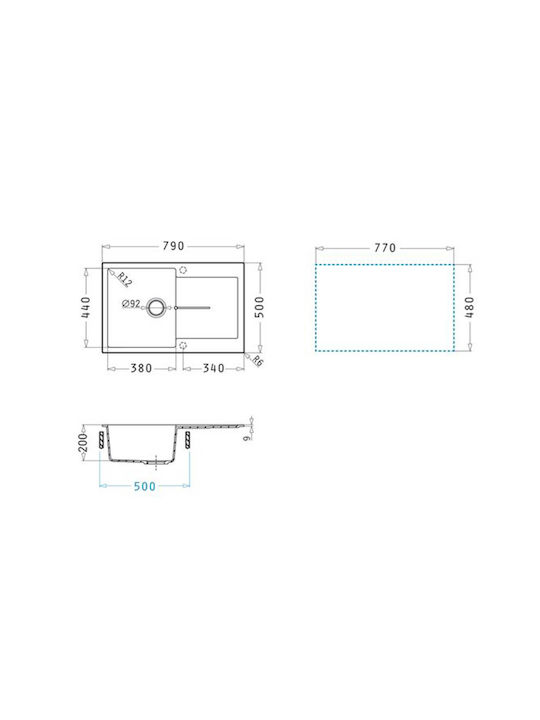 Pyramis Ithaka 1B 1D 070243411 Drop-In Мивка от Синтетичен Гранит Ш79xД50см Желязно сиво