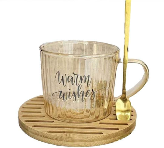 Glass Mug Bamboo Wood Holder Pufo Warm Wishes Spoon Coffee Tea 200 Ml