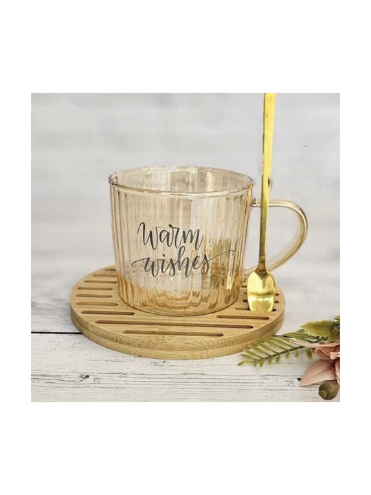 Cana de Sticlă Cu Suport Din Lemn De Bambus Pufo Warm Wishes Lingură Cafea Ceai 200 Ml