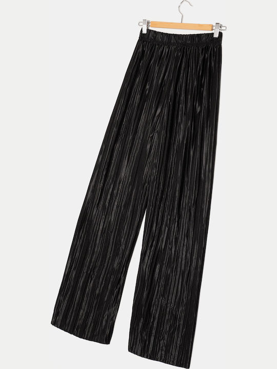 Shiny Wide-Leg Trousers with Elastic Waist Black