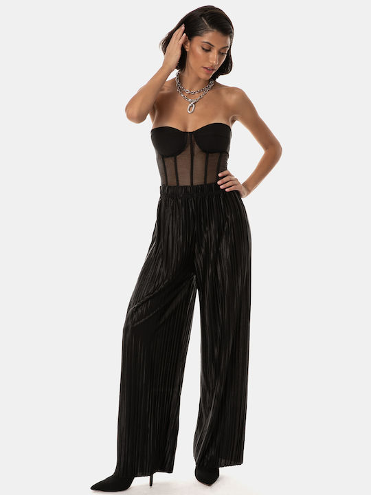 Shiny Wide-Leg Trousers with Elastic Waist Black