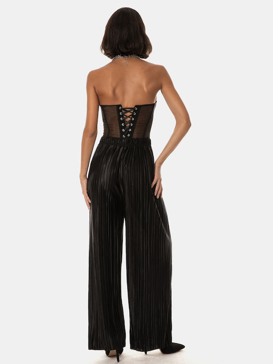 Shiny Wide-Leg Trousers with Elastic Waist Black