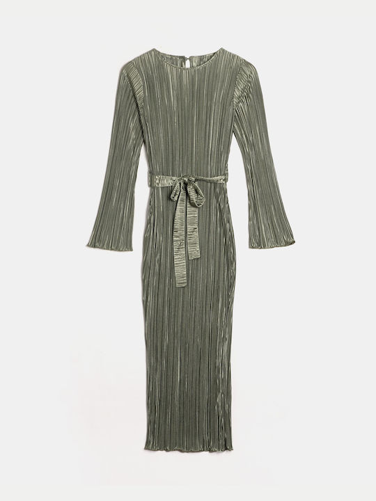 Maxi Long-Sleeve Dress with Belt Khaki Khaki