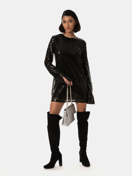 Mini-Langarm-Paillettenkleid Schwarz