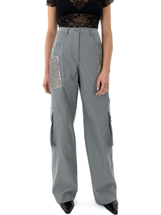 Women's High-waisted Fabric Trousers in Wide Line Gray with Sequins