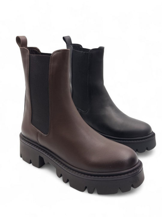 Leder Damen Stiefeletten mit Mittelhohem Braun Absatz