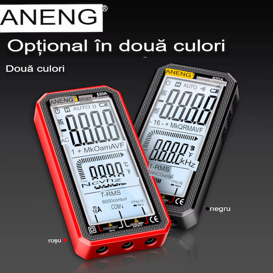 Aneng 620a True Rms Digital Multimeter Display Frequency Test Ncv 4.77 Inch Screen Temperature Sensors Diode Battery Continuity Tester Buzzer Overload Alarm Data Memory R
