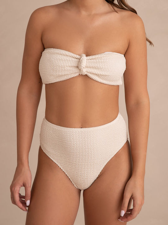 Strapless Crinkle High-Waisted Bikini Set Beige Beige