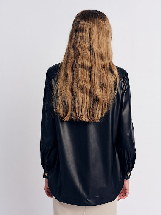 Women's Leather Long Sleeve Shirt Black