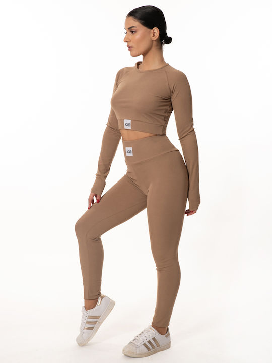 Αθλητικό Σετ Κολάν Crop Top Μακρυμάνικο Rib Μπεζ Μπεζ