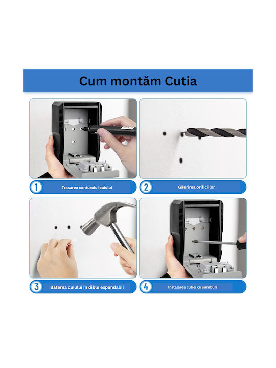 Wall-mounted Combination Key Holder Metallic with Combination Dial 7 Hooks 9x4.4x12cm