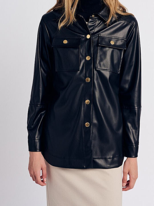 Women's Leather Long Sleeve Shirt Black