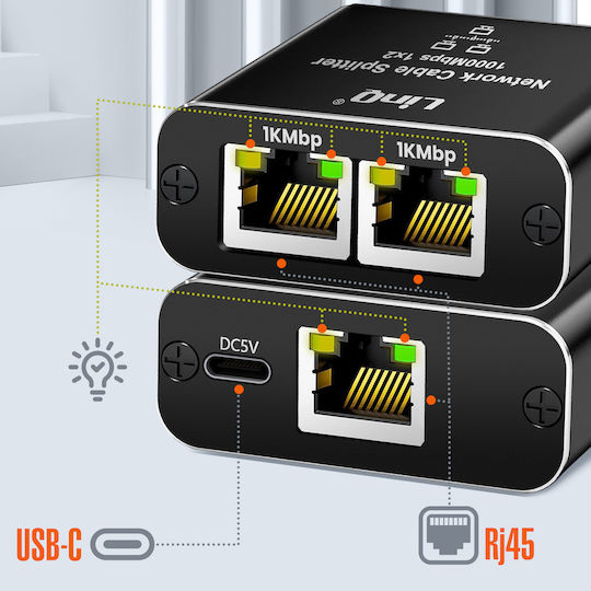 Linq Rj45 Gigabit 1000 Mbps Ethernet Duplicator 2 Simultaneous Devices Black
