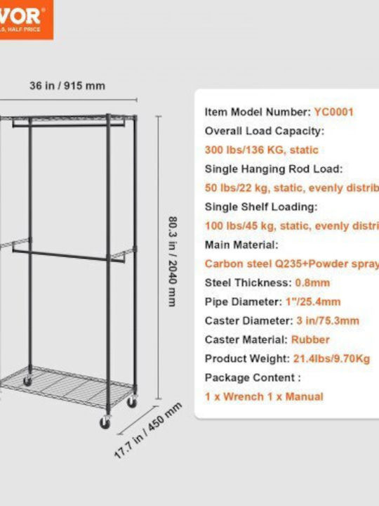 Vevor Wheeled Floor Garment Rack made of Metal Black 91.5x45x204cm