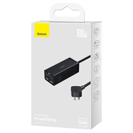 Baseus Suport de Încărcare cu 2 Porturi USB-A și 2 Porturi USB-C 100W în culoarea Negru (PowerCombo GaN3 Pro)