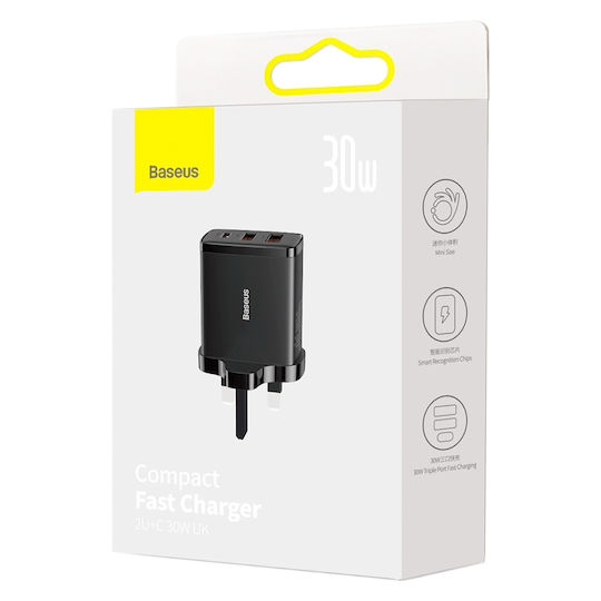 Baseus Φορτιστής Χωρίς Καλώδιο με 2 Θύρες USB-A και Θύρα USB-C 30W Power Delivery Μαύρος (Compact UK Plug)