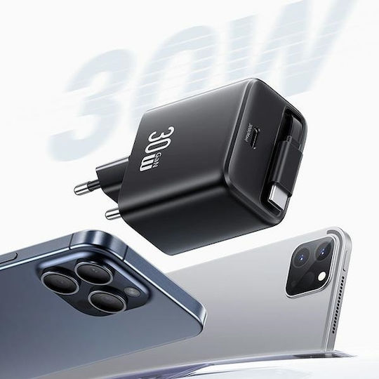 Usams Încărcător cu Cablu Integrat GaN cu Port USB-C 30W Livrarea energiei Negruς (US-CC241)