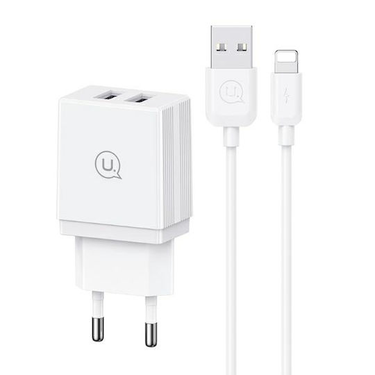 Usams Ladegerät mit 2 USB-A Anschlüsse und Kabel Blitzschlag 18W Weißs (HCXLTZ01)