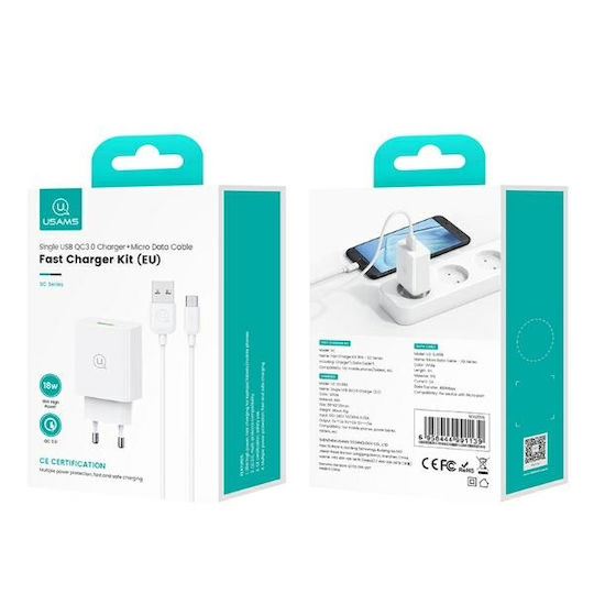 Usams Mobile Phone Charger with USB-A Output Ports and micro USB Cable 18W Quick Charge 3.0 White