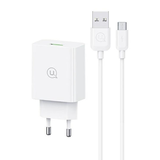 Usams Mobile Phone Charger with USB-A Output Ports and micro USB Cable 18W Quick Charge 3.0 White