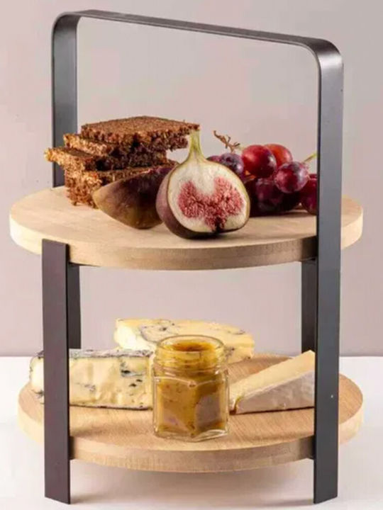 Suport de Fructe din Bambus și Metal cu 2 Niveluri pentru Fructe Prăjituri și Aperitive 25 x 21.5 Cm