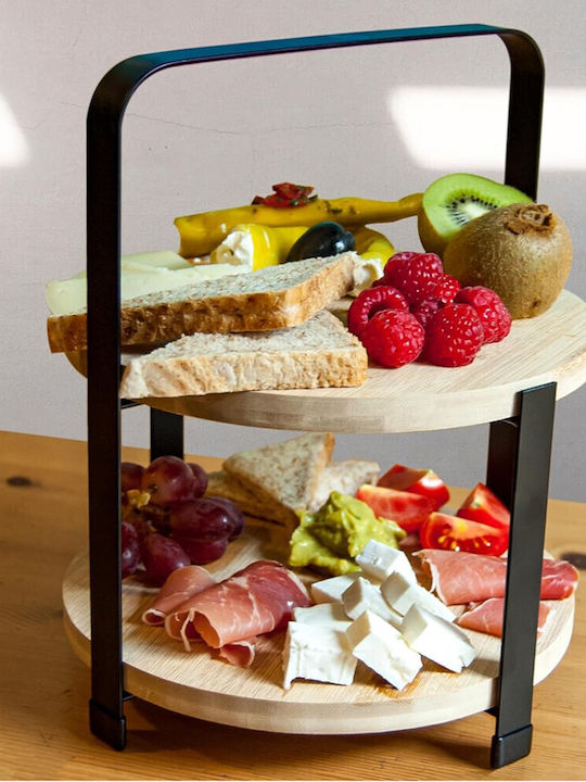 Suport de Fructe din Bambus și Metal cu 2 Niveluri pentru Fructe Prăjituri și Aperitive 25 x 21.5 Cm