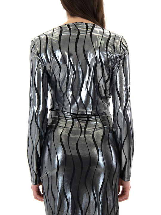 Damen Crop Top Langärmelig Silber-Schwarz 1461.688.0564-SILBER