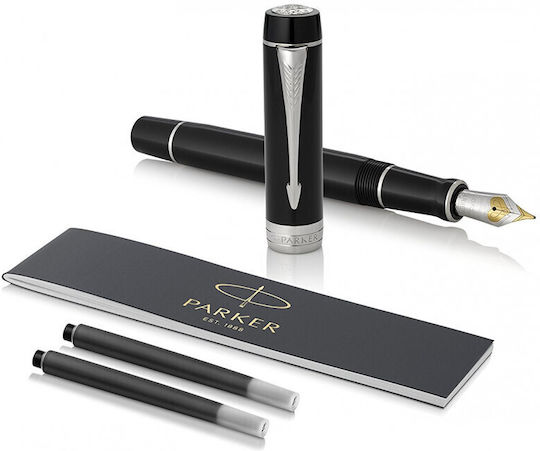 Stilou Parker Duofold Centennial Classic Negru cu Accente de Paladiu, Peniță din Aur Solid, Convertor Cerneală Neagră 1931365 3501179313665 Penițe Extra Largi 18k