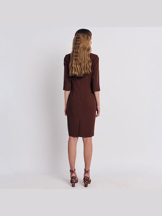 Forel Midi Shirt Dress Dress 3/4 Sleeve with Slit Brown