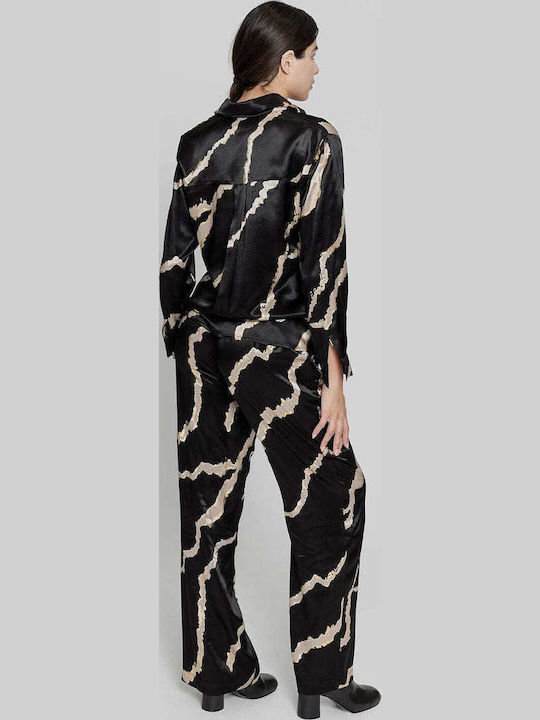 Women's High-waisted Fabric Trousers with Elastic Straight Line Black/Gold