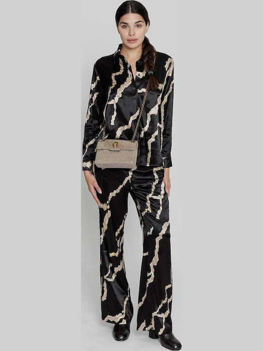 Women's High-waisted Fabric Trousers with Elastic Straight Line Black/Gold