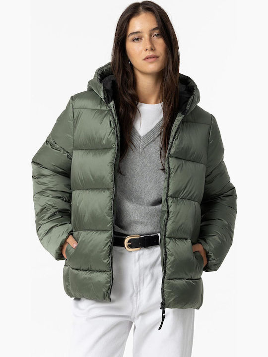 Women's Short Puffer Jacket for Winter Green
