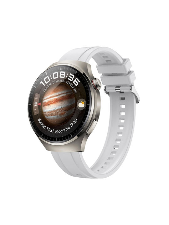 Каишка за часовник Huawei Watch 4 Pro с шарка на гума, сребърна тока, силикон, бяла
