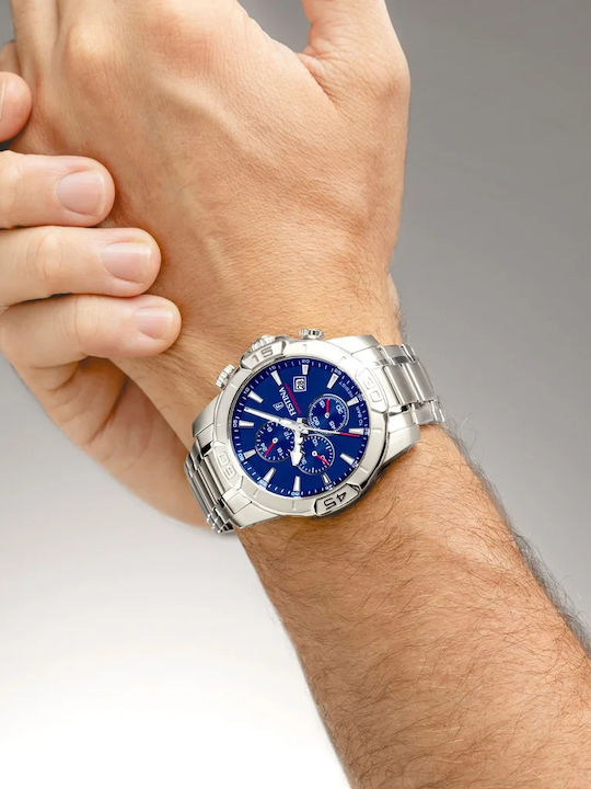 Festina Ανδρικό Ρολόι 45mm Χρονογράφος Μπαταρίας με Ασημί Ατσάλινο Μπρασελέ