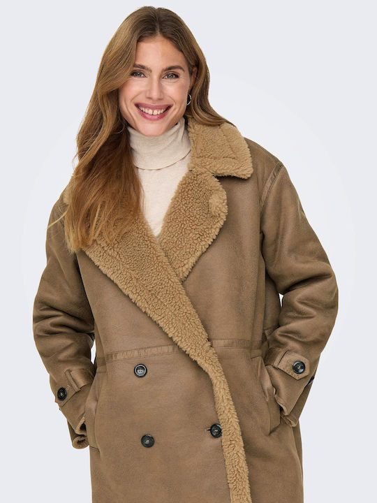 Only Women's Sherpa Coat with Buttons Beige