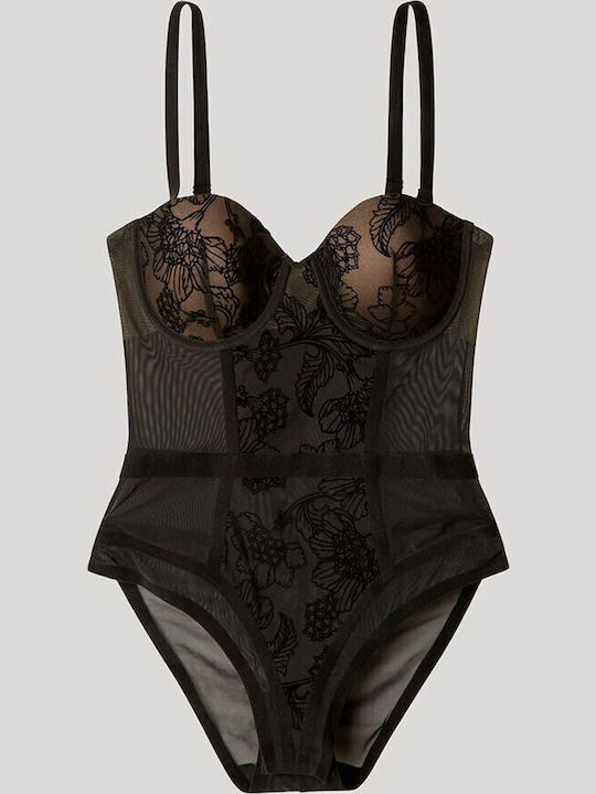 Bodysuit with Lace Regular Fit Black