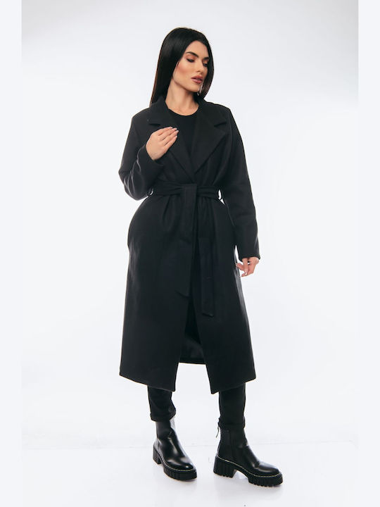 Damen black Mantel mit Gürtel