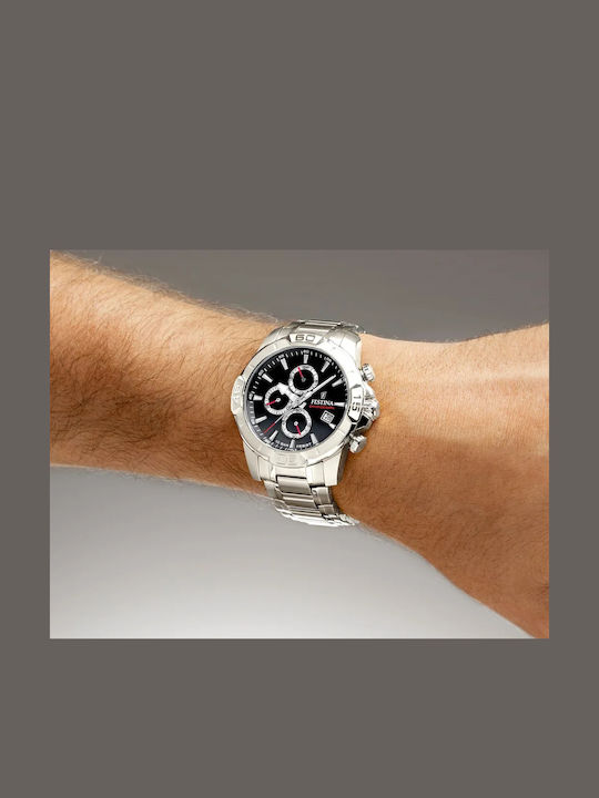 Festina Herrenuhr Chronograph Batterie mit Silber Metallarmband