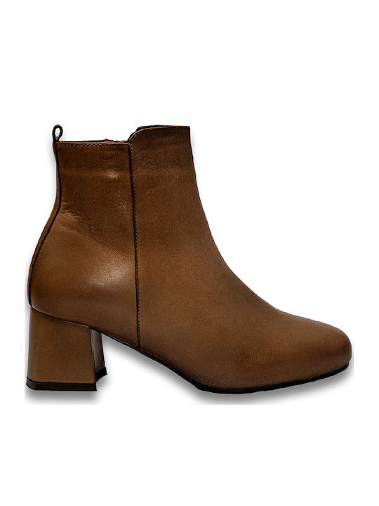 Leather Women's Ankle Boots with Medium Heel Tabac Brown