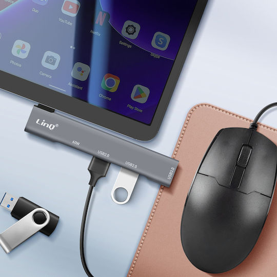 Linq 4-in-1 USB C Hub USB C 60W Charger 3 USB 3.0 2 USB 2.0 Ports Silver