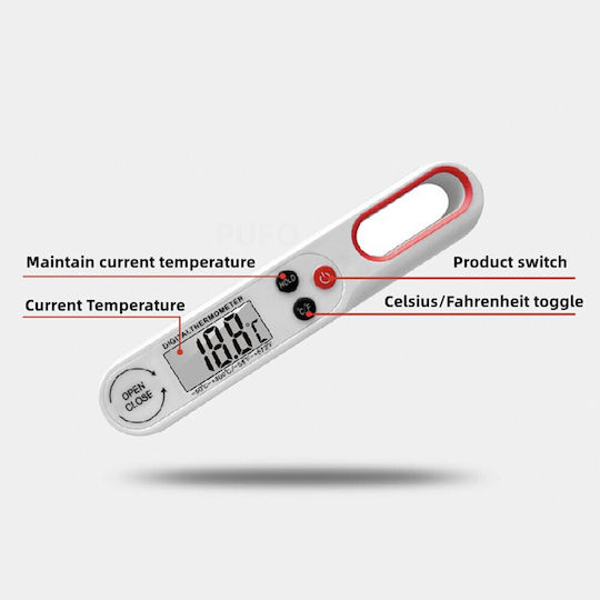 Pufo Digital Thermometer Probe Large Easy-to-read Display 50°c +300°c Automatic Shut-off Foldable Model White
