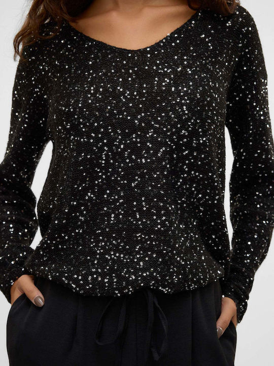 Damen Langarm Pullover mit V-Ausschnitt Black
