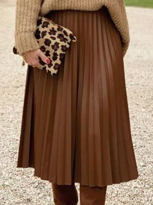 Leather Pleated Maxi Skirt Heather Brown