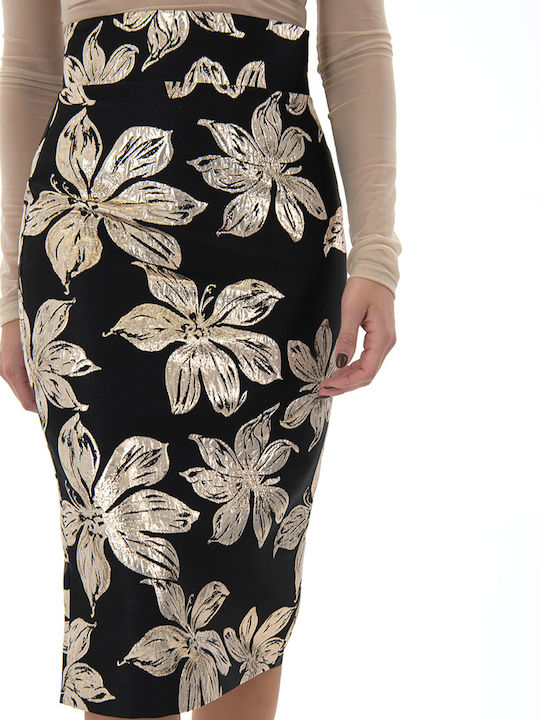 Pencil Ψηλόμεση Midi Φούστα Floral Μαύρο-χρυσό