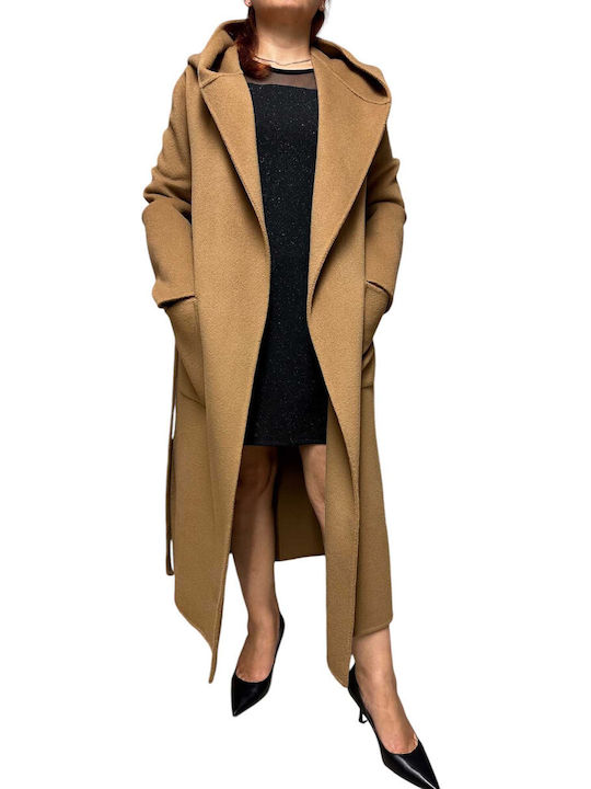 VITTORIA B. Women's Wool Coat with Belt and Hood Camel